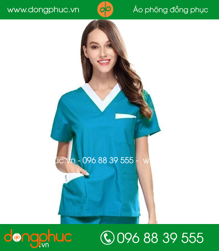 đồng phục phòng mổ màu xanh cổ trắng